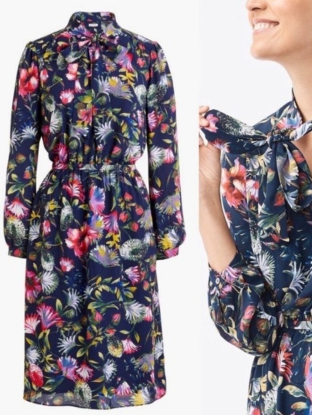 J. Crew Navy Floral Tie-Neck Long Sleeve Dress